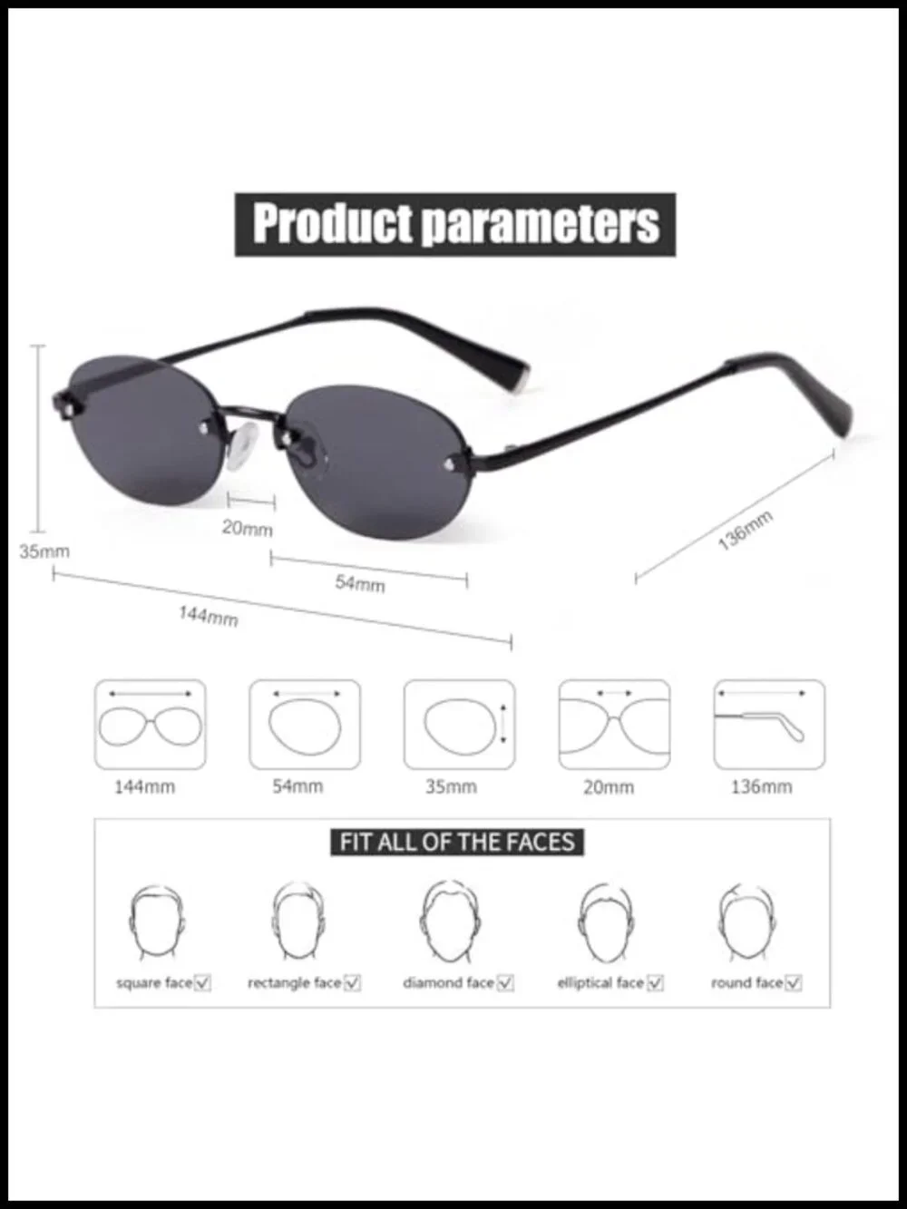 Retro Small Rimless Oval Sunglasses UV400 Lightweight Metal